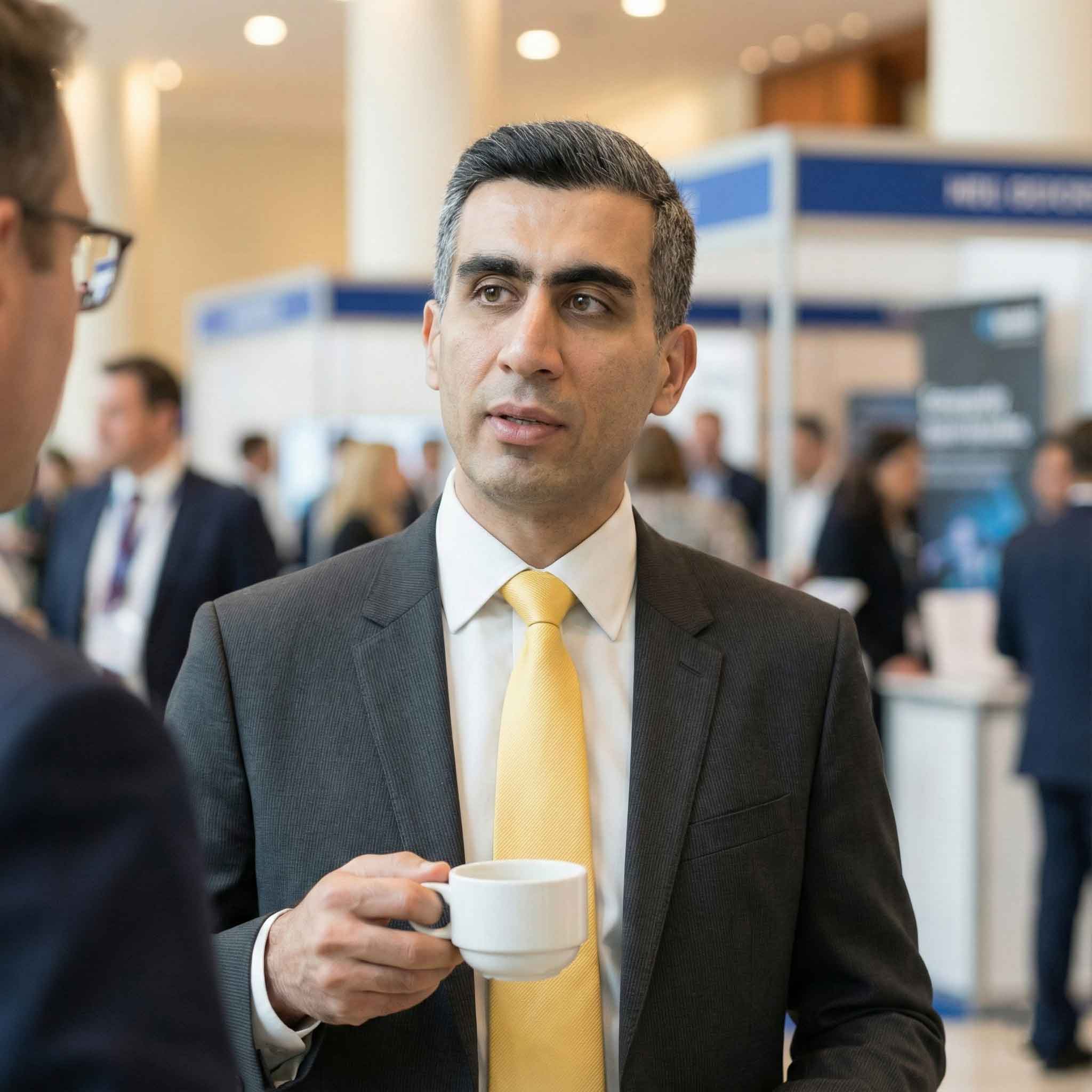 A senior business leader in a formal setting holding a coffee cup at an industry event focused on smart technology and security innovation.