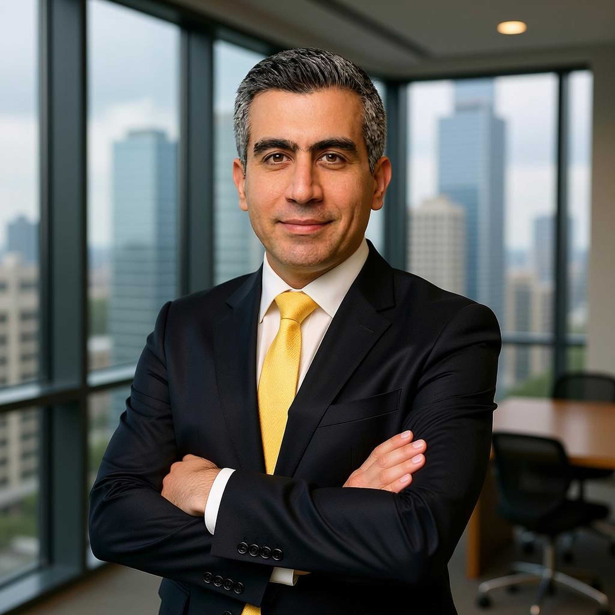 Professional portrait of a Ali Aydan wearing a suit and yellow tie, standing with crossed arms in a modern corporate office with city skyline background.