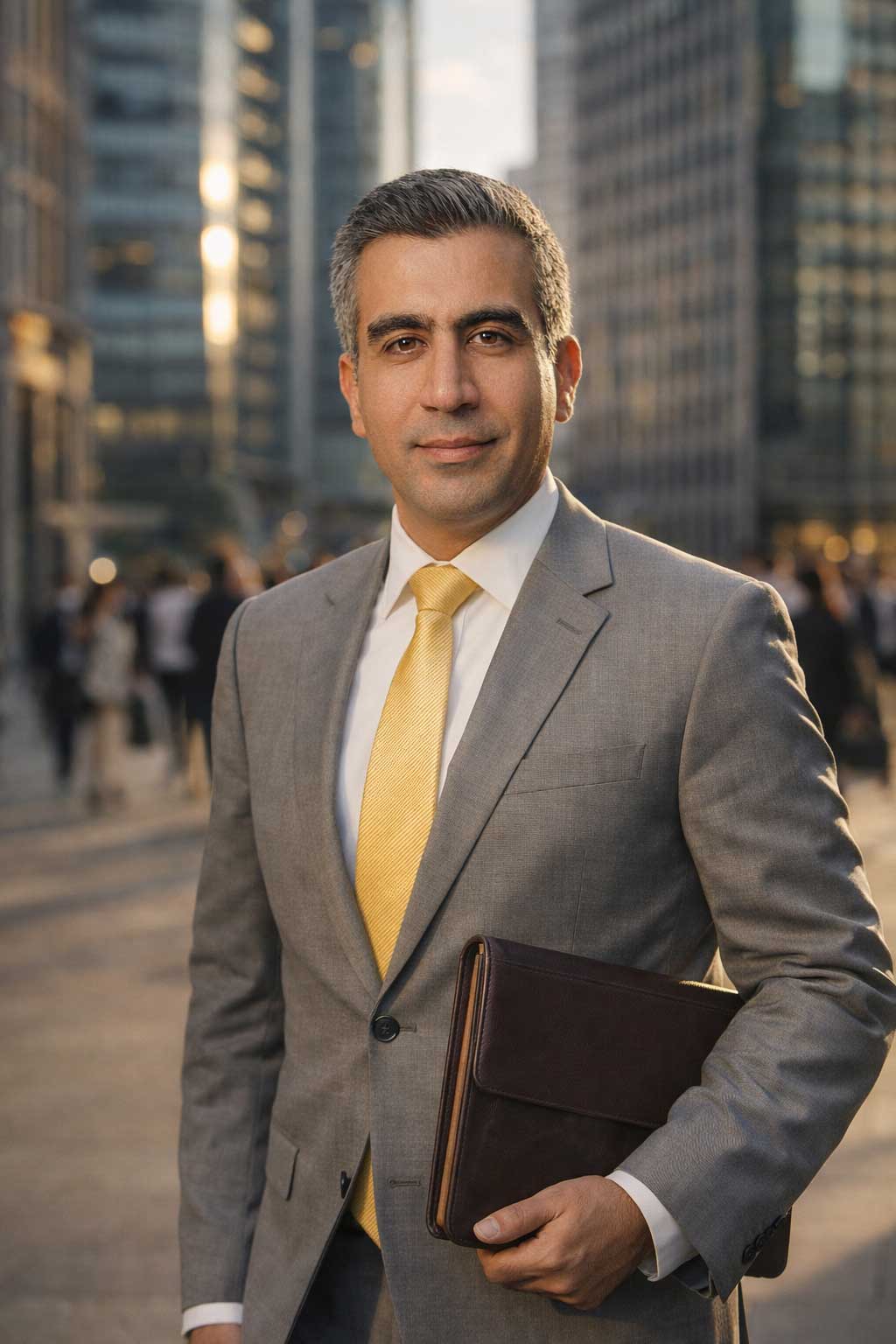 Ali Aydan wearing a grey suit and yellow tie, holding a leather portfolio in a modern city environment.