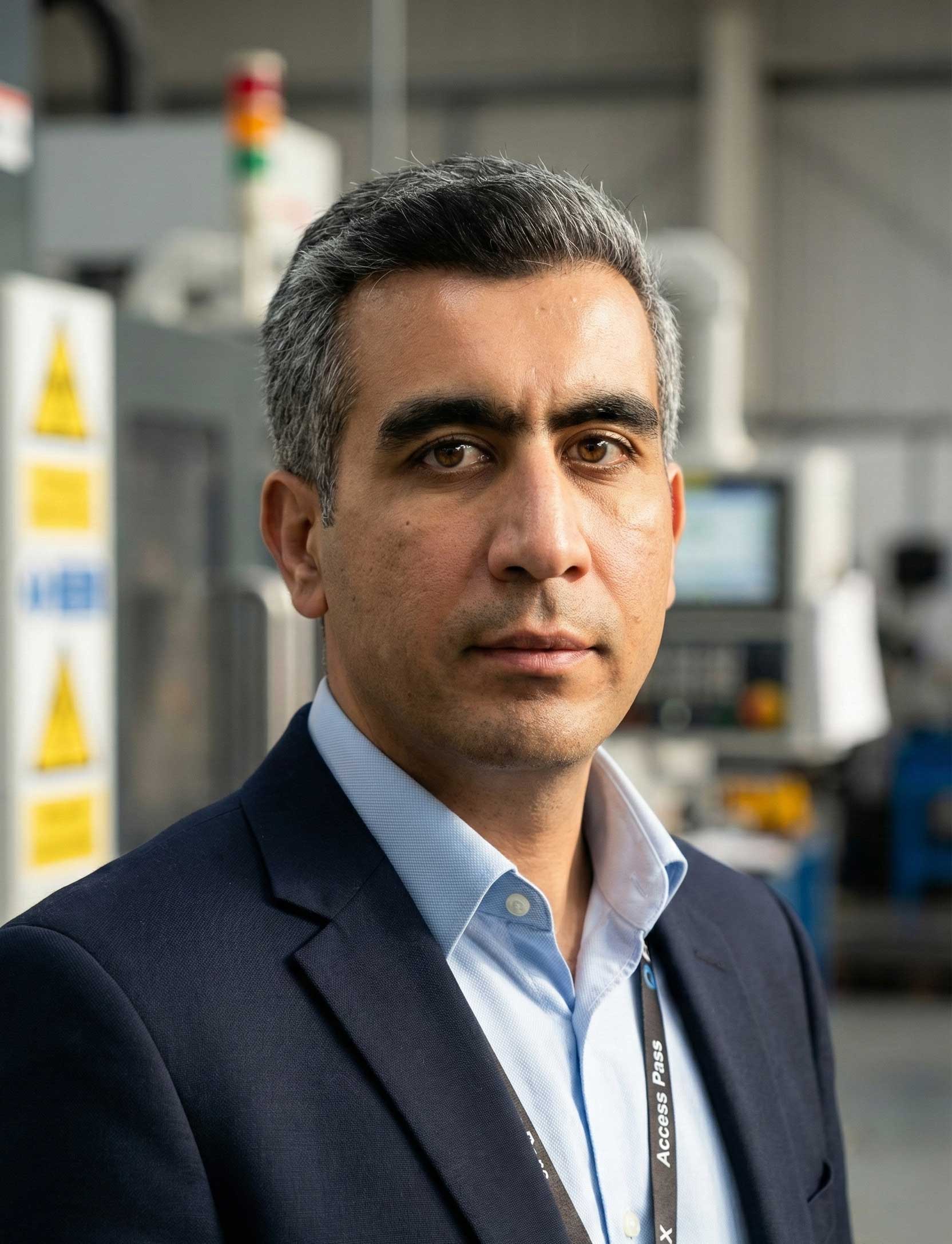 Ali Aydan professional portrait in industrial facility wearing navy suit and light blue shirt.